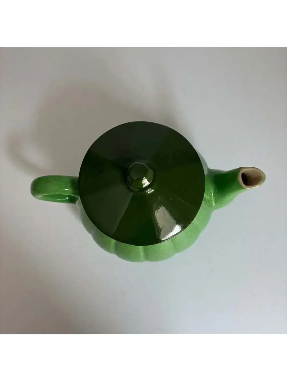 Vintage Green Crackle Glaze Ceramic Teapot Art Pottery Two Tone Ribbed 6”